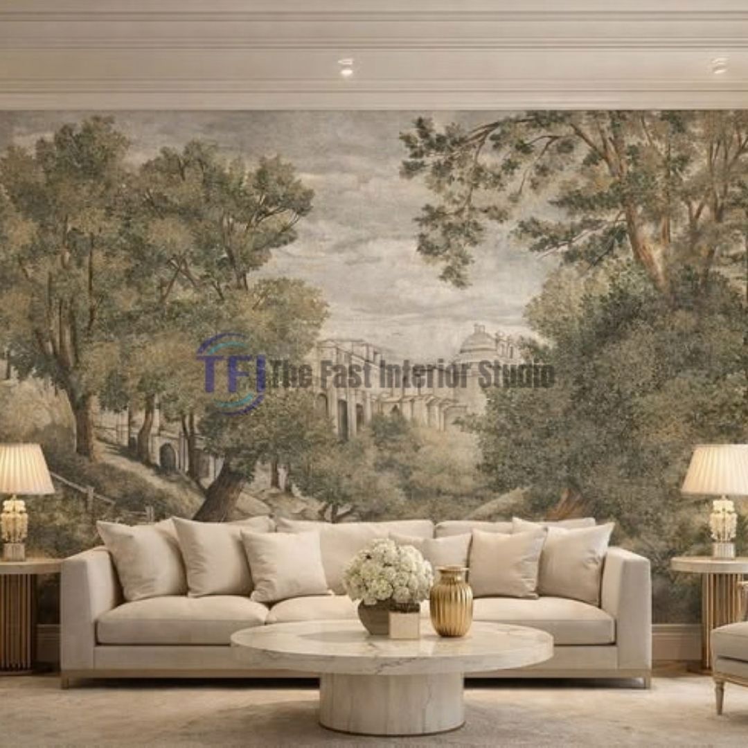 A sophisticated living room featuring a vintage European estate landscape mural wallpaper in muted earthy tones, set behind a classic cream sofa and a round marble table