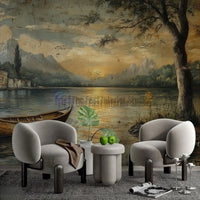A sophisticated seating area featuring a moody, vintage oil painting style mural wallpaper of a lake and wooden boat, serving as an elegant backdrop for modern grey armchairs