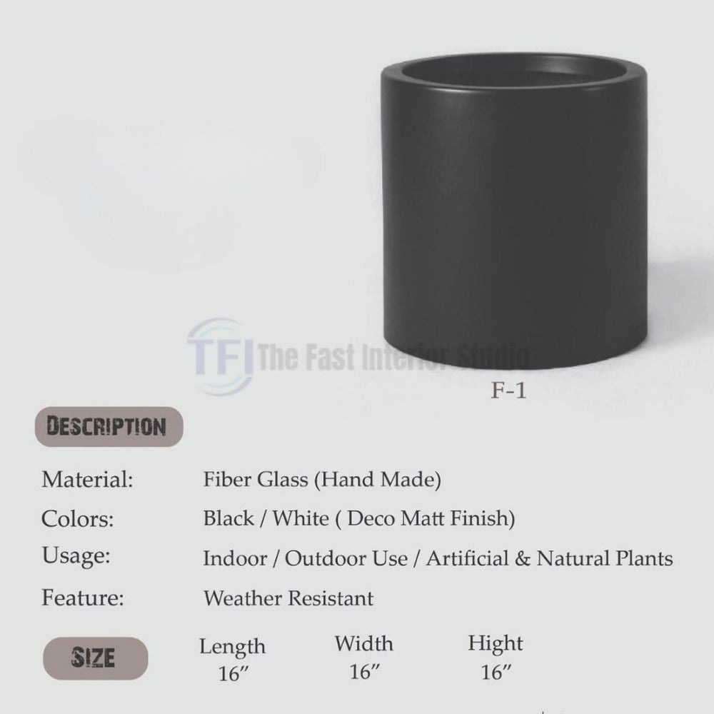 A top-ranking premium matte black handmade fiberglass cylindrical plant pot, designed for luxury indoor and outdoor botanical decor in Pakistan