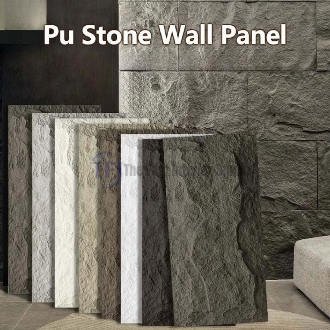 A versatile collection of 3D PU stone wall panels displayed in multiple premium colors including white, beige, light grey, and charcoal slate for luxury home cladding