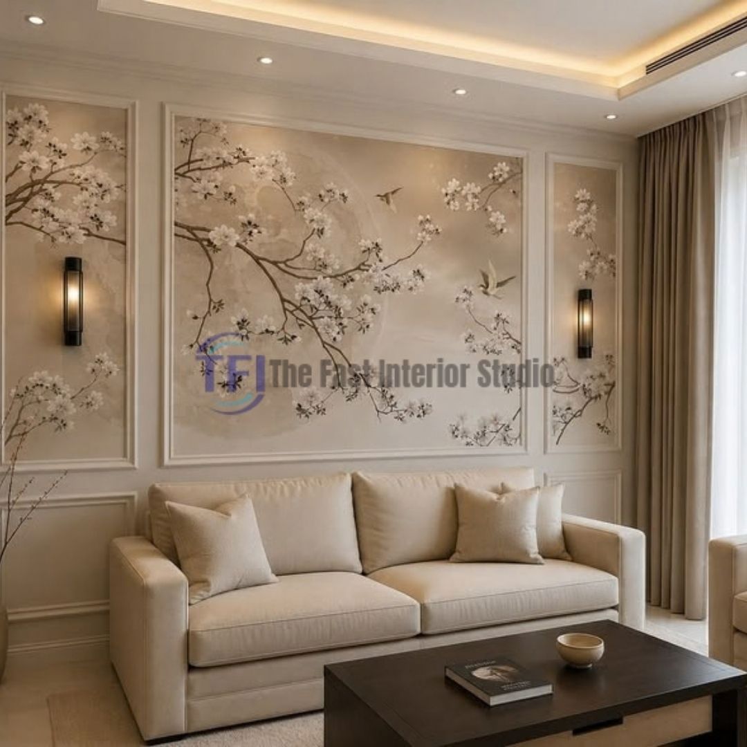 An elegant living room featuring a delicate floral mural wallpaper with cherry blossoms and birds, beautifully installed inside classic wall molding panels behind a cream sofa