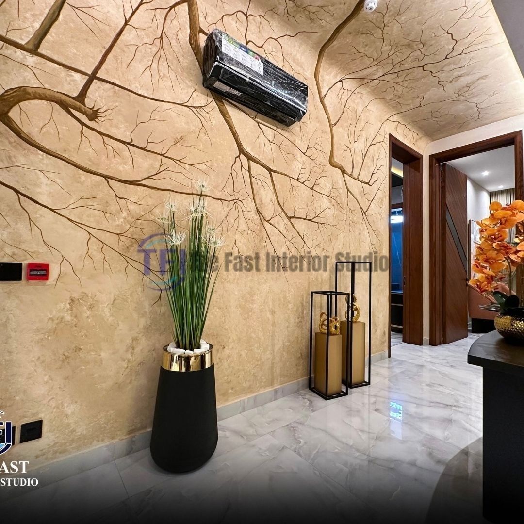 An immersive hallway interior showcasing a warm beige textured wall mural with brown tree branches extending creatively onto the ceiling