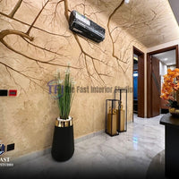 An immersive hallway interior showcasing a warm beige textured wall mural with brown tree branches extending creatively onto the ceiling
