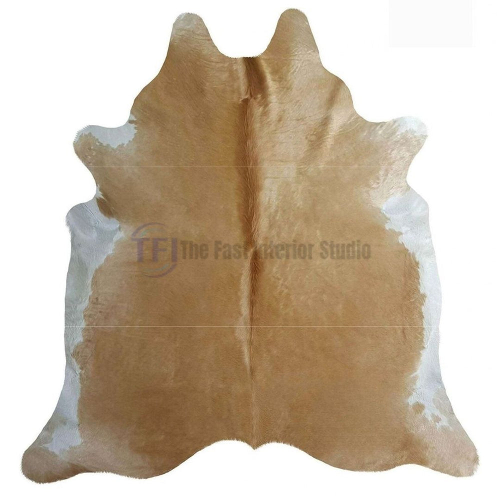 Buy luxury natural cowhide rugs online in Lahore featuring a beautiful genuine leather light brown and white custom rug for PKR 1,800 per square foot | The Fast Interior Studio