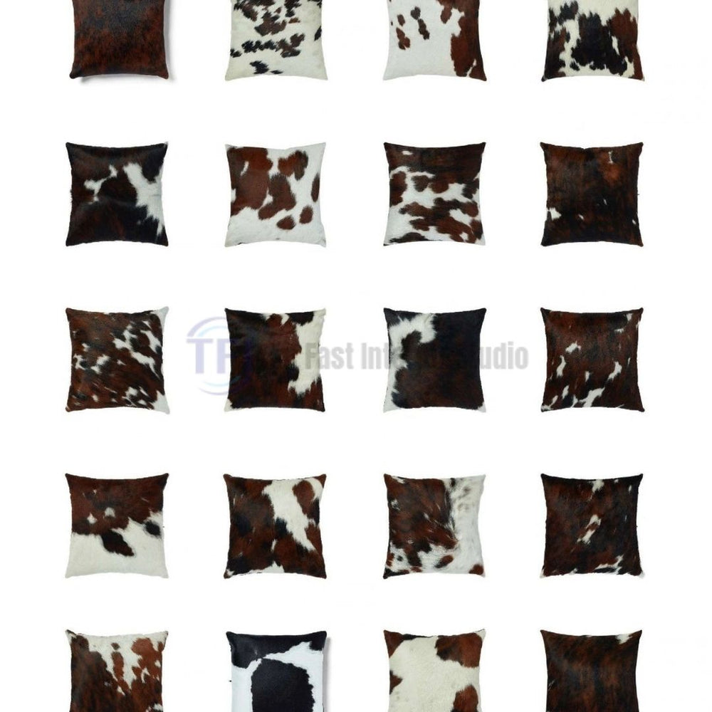 Catalog collection of square cowhide cushion covers featuring natural spots and classic leather designs