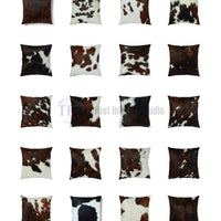 Catalog collection of square cowhide cushion covers featuring natural spots and classic leather designs