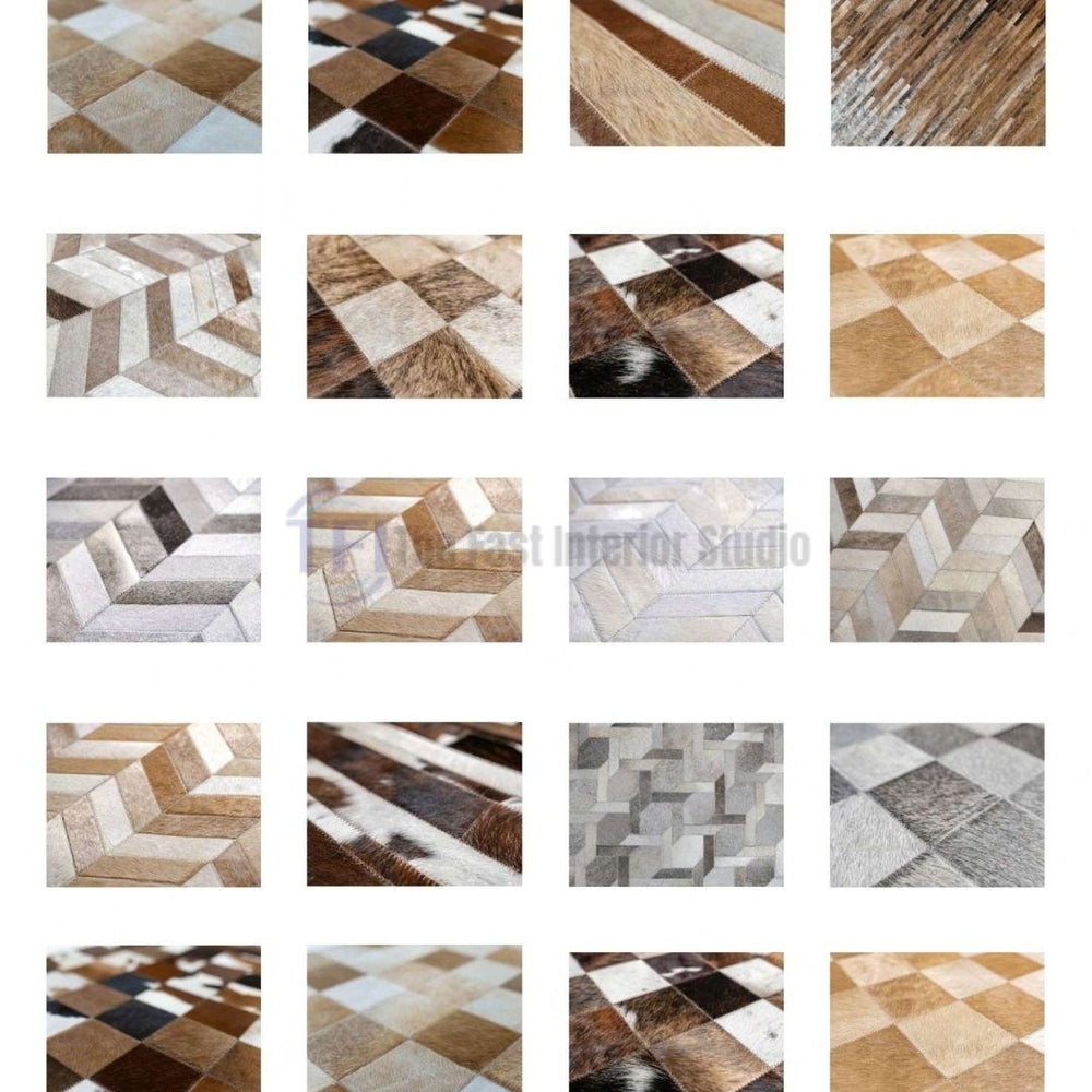 Close-up textures of custom geometric patchwork cowhide rugs including chevron, diamond, and checkerboard leather patterns