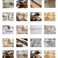 Close-up textures of custom geometric patchwork cowhide rugs including chevron, diamond, and checkerboard leather patterns