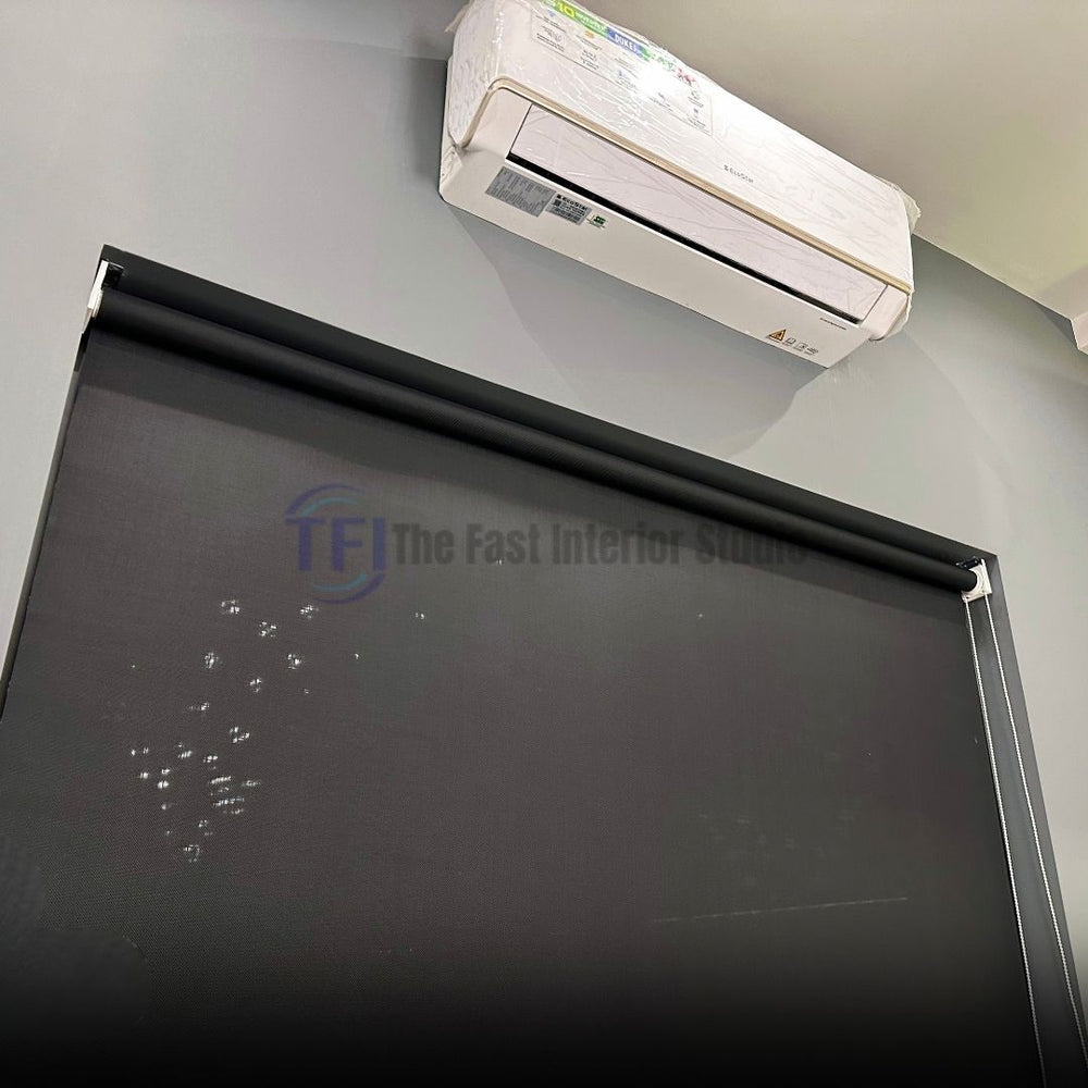 Close up of premium black blackout roller blind mechanism mounted below an AC unit in Pakistan | The Fast Interior Studio