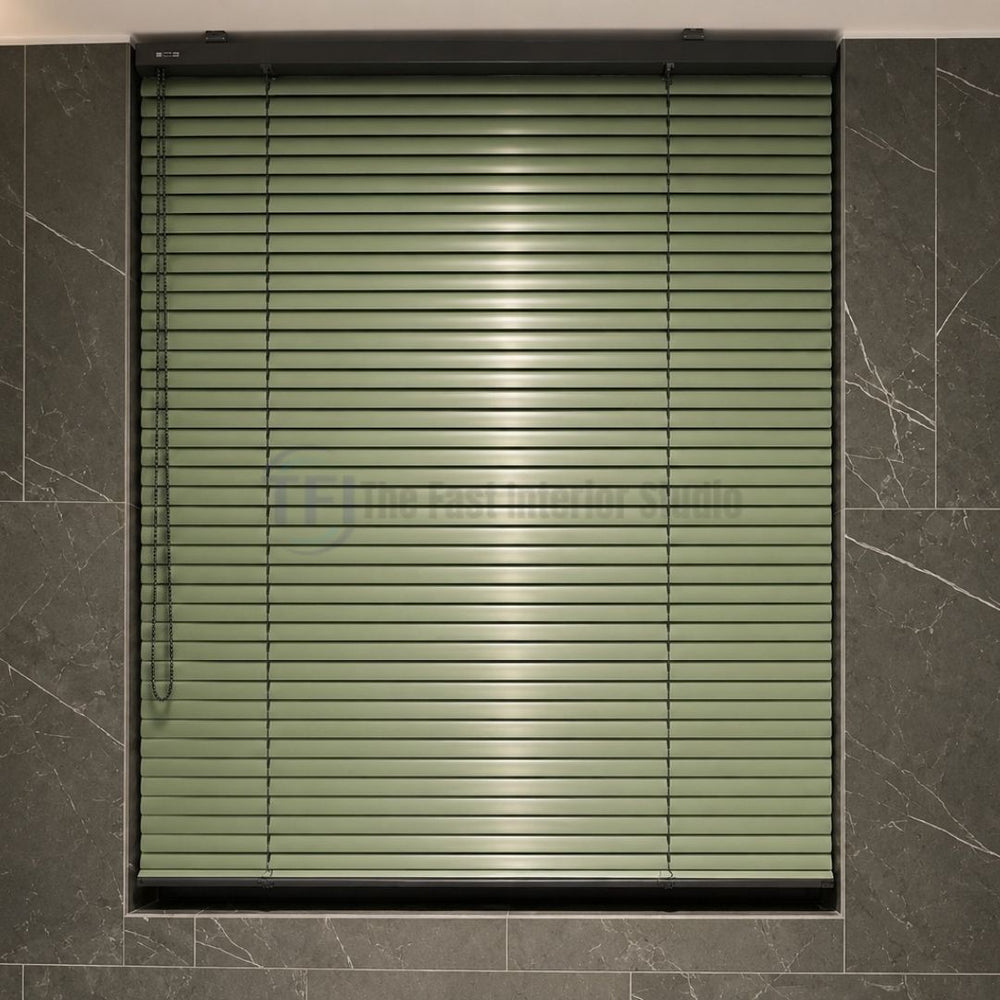 Close up of trending sage green Venetian blinds against dark marble wall