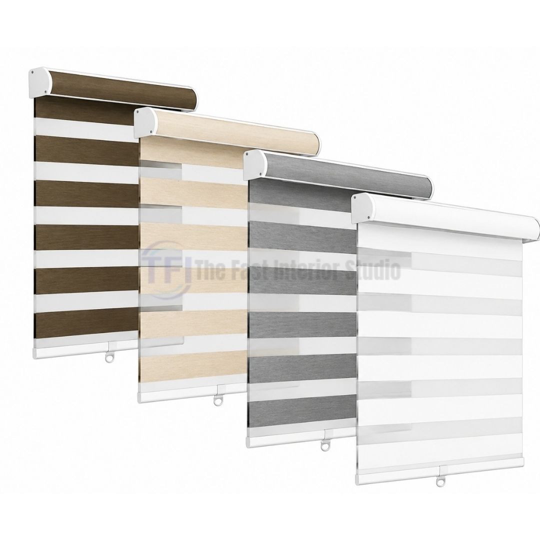 Collection of trending Day & Night Zebra blinds showing dark brown, natural beige, slate grey, and crisp white color options