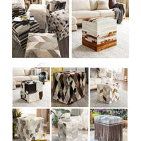 Contemporary living room interiors featuring geometric patchwork and natural cowhide ottomans