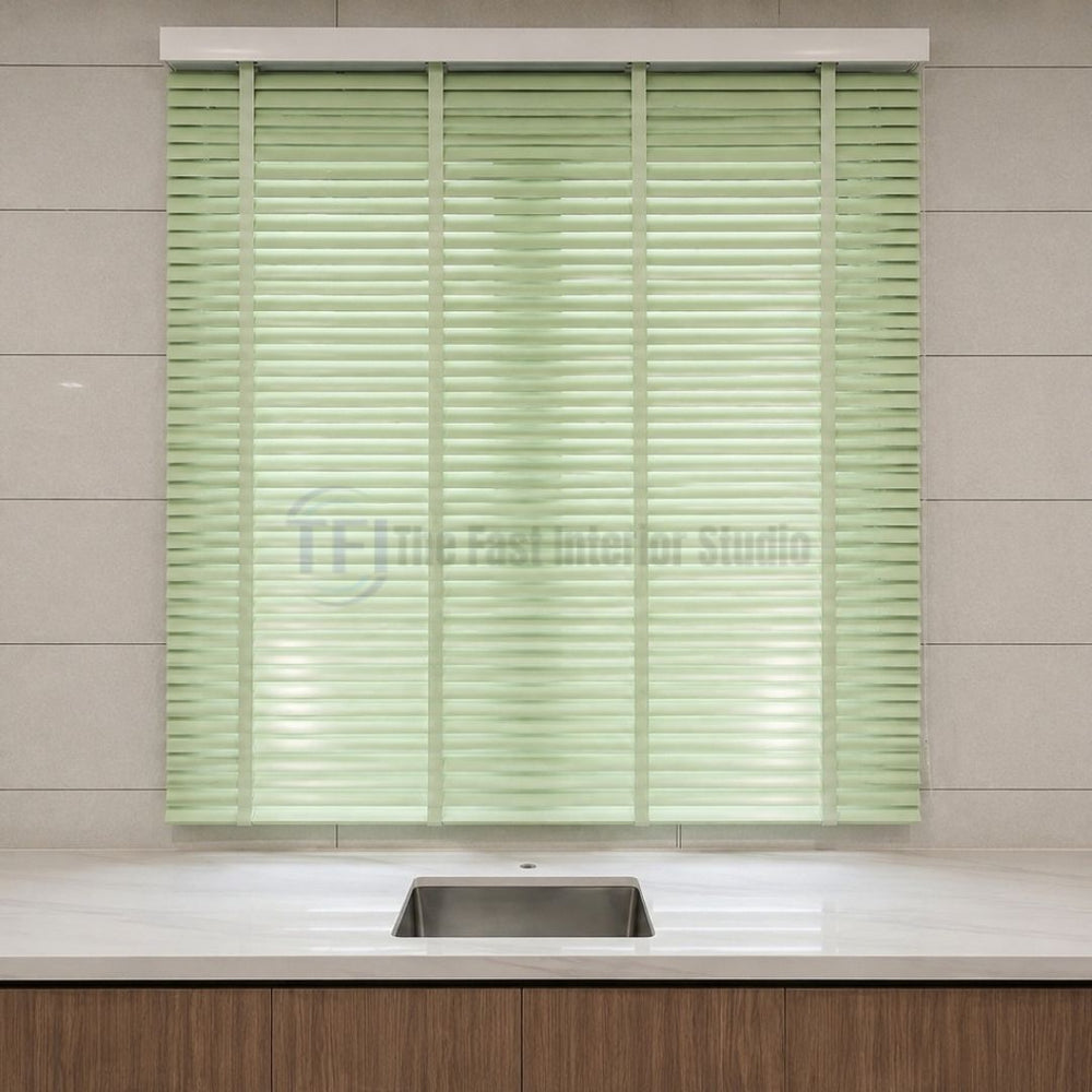 Custom fit green Venetian window shades in a bright contemporary tiled bathroom