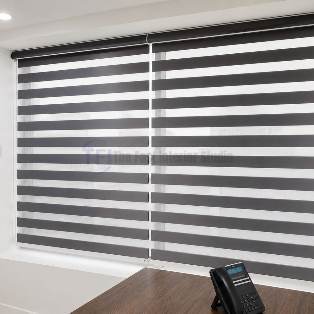 Dark charcoal zebra blinds over office windows providing a professional and luxurious aesthetic