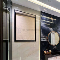 Elegant textured roller blind providing privacy in a luxury tiled washroom