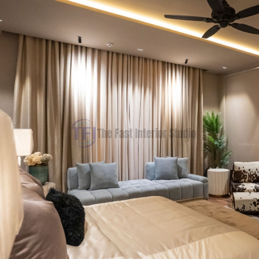 Floor-to-ceiling beige curtains in a modern bedroom setting