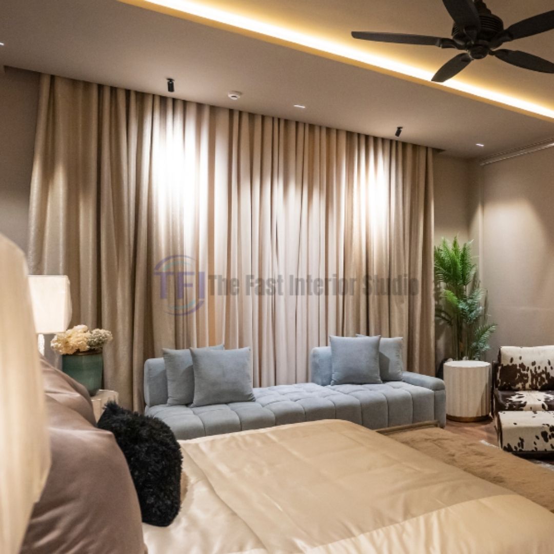 Floor-to-ceiling beige curtains in a modern bedroom setting