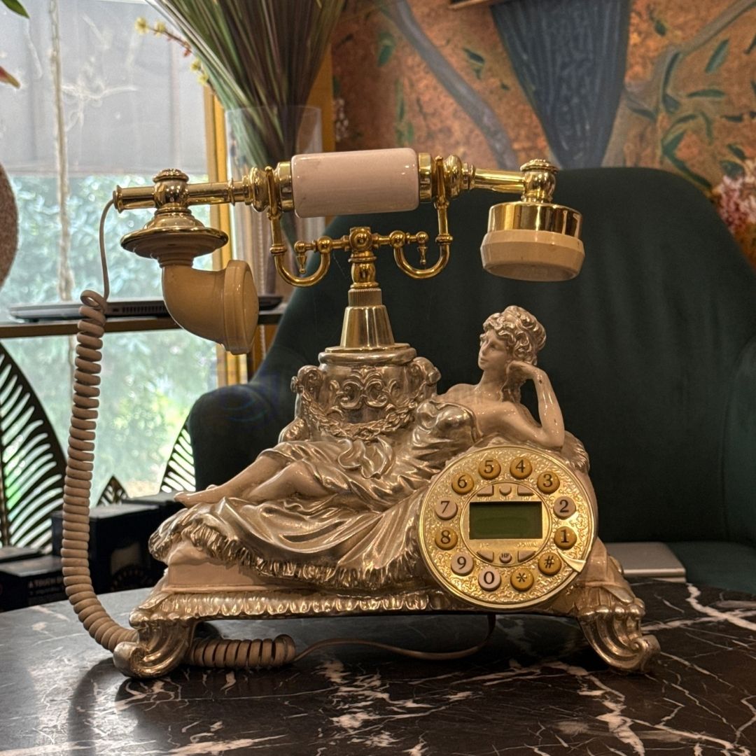 Front view of a premium 14-inch tall antique-style telephone figurine used for versatile luxury interior styling