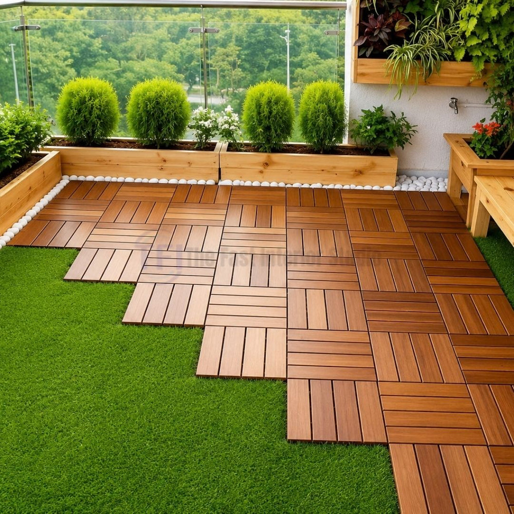 Garden pathway and balcony floor design with artificial grass | wooden deck tiles checkerboard pattern