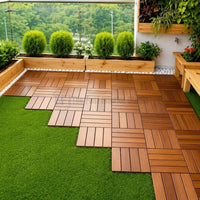 Garden pathway and balcony floor design with artificial grass | wooden deck tiles checkerboard pattern