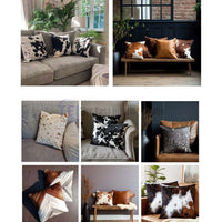 Genuine cowhide throw pillows styled on modern sofas in a luxury living room setting