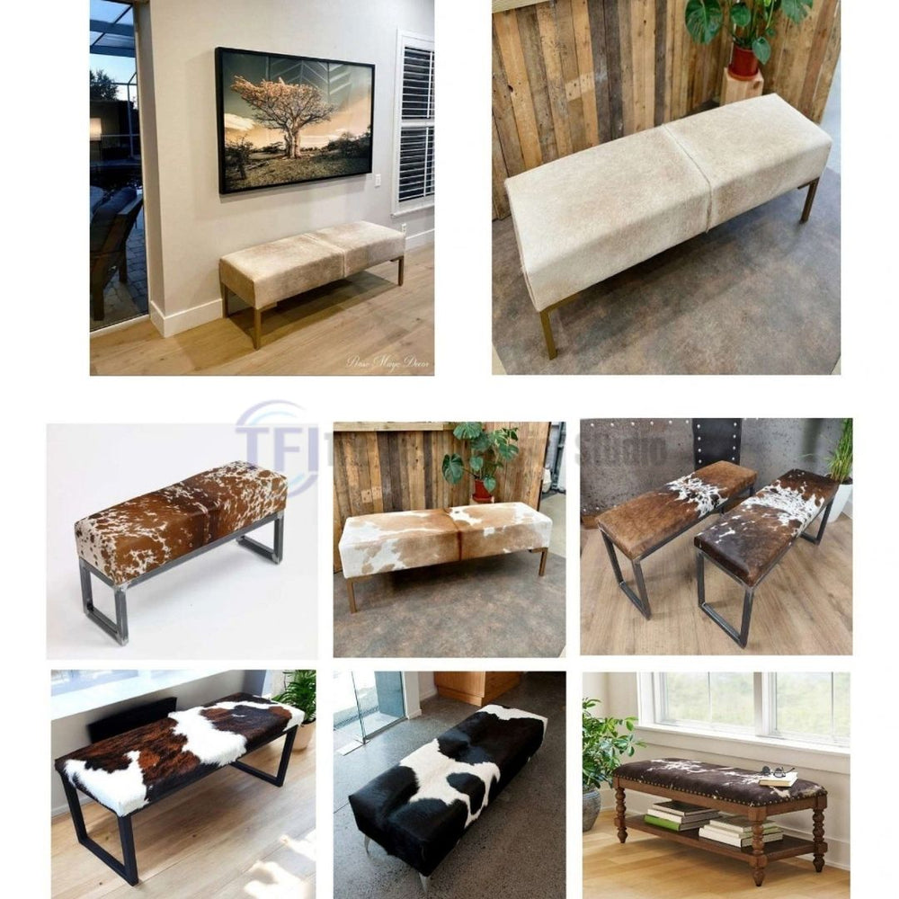 Handcrafted custom home benches upholstered in genuine cowhide leather featuring sleek metal and wood bases