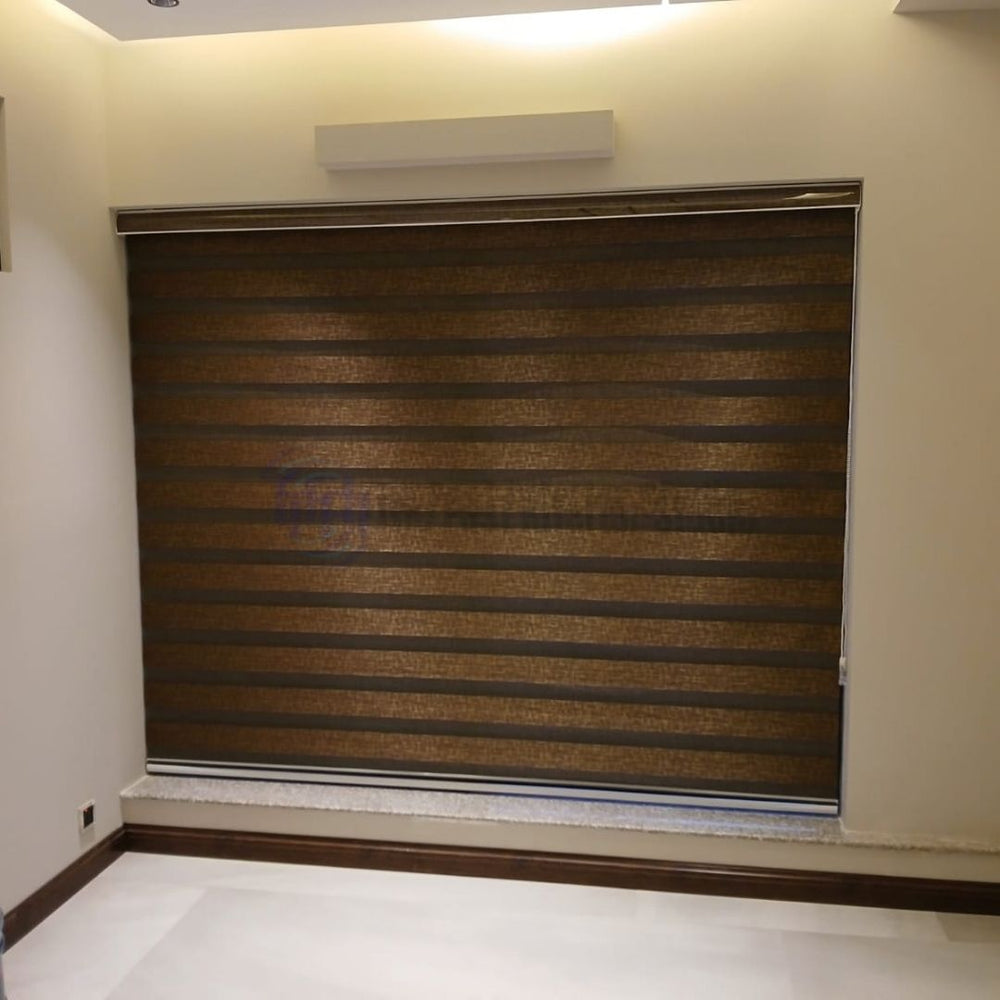 Large custom fit textured zebra window shades installed in a modern room