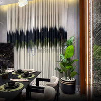 Modern dining room window treatments with a dark abstract stripe