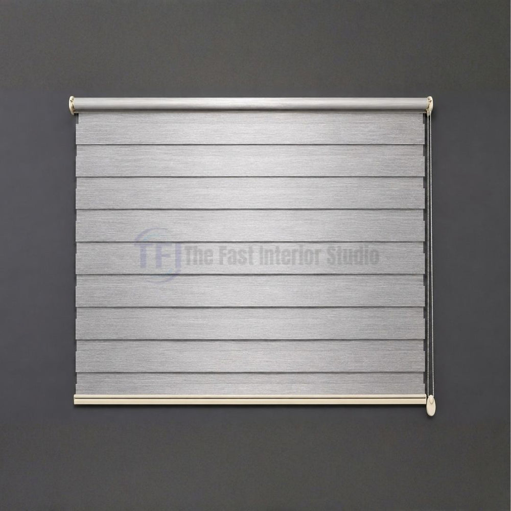 Modern grey Zebra blinds with smooth chain mechanism against a dark feature wall