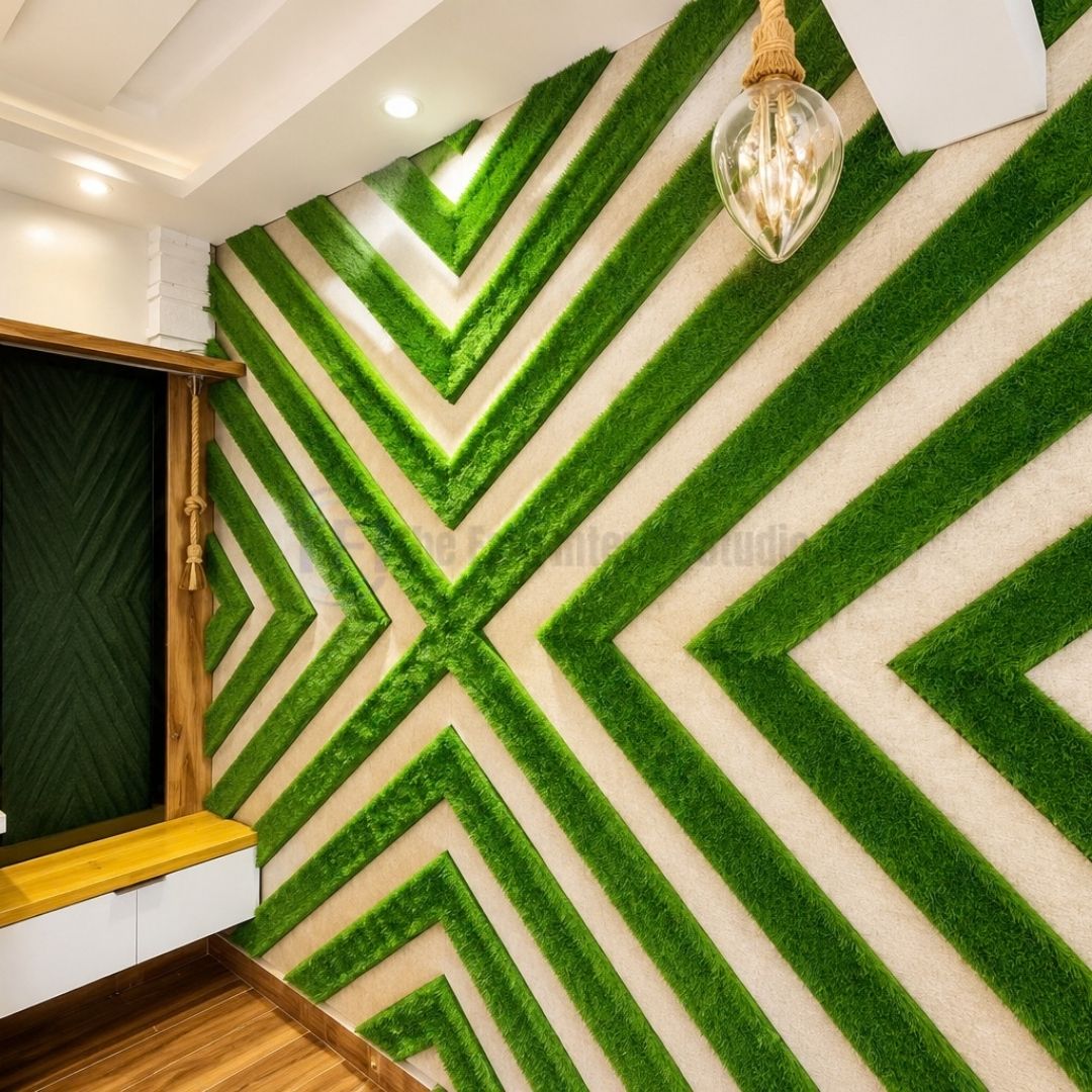 Modern interior feature wall with top rated geometric artificial grass pattern and wooden accents in Lahore | The Fast Interior Studio
