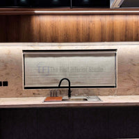 Modern kitchen interior with custom fit textured roller window shade and wood cabinetry in Pakistan