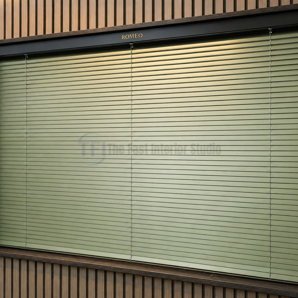 Modern sage green Venetian window blinds complementing wooden slat wall paneling