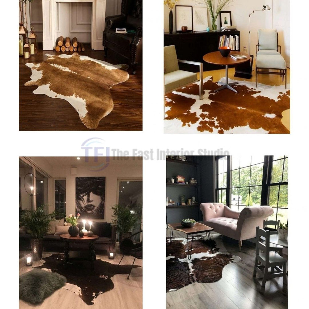 Natural and geometric patchwork cowhide rugs styled in luxury modern living rooms and lounges
