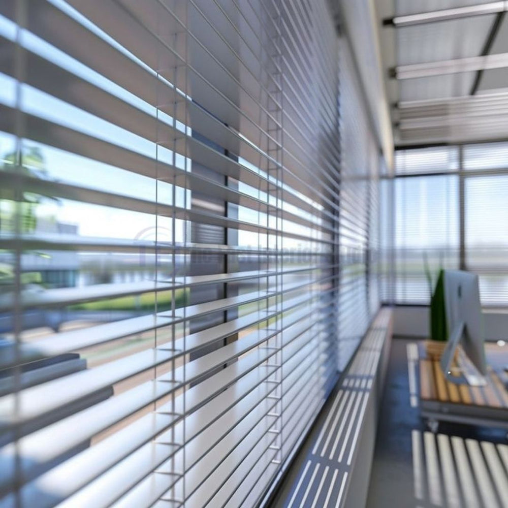 Sleek silver Venetian blinds installed along expansive glass windows in a modern office