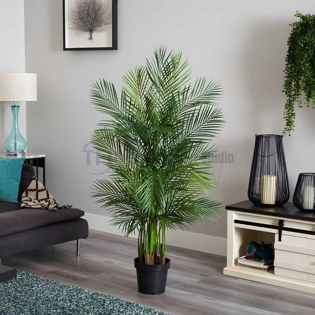 Tall 6-foot artificial palm plant in a black pot placed in a modern living room setting