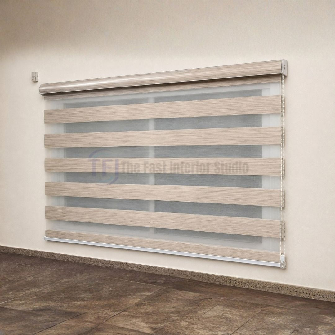 Textured beige and light wood tone Zebra blind covering a large window