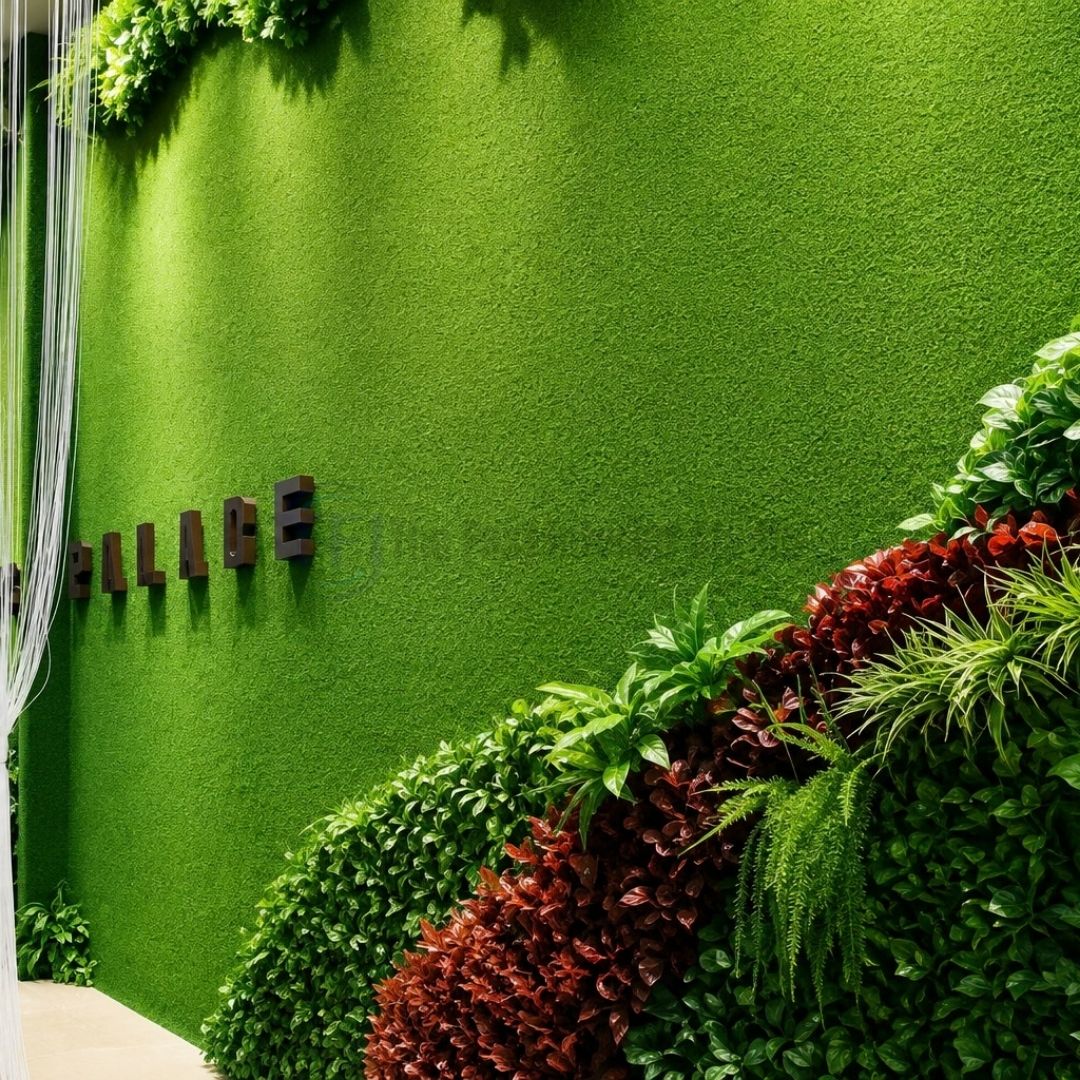 Top rated artificial grass wall with 3D logo and vibrant vertical plant decor in Pakistan | The Fast Interior Studio