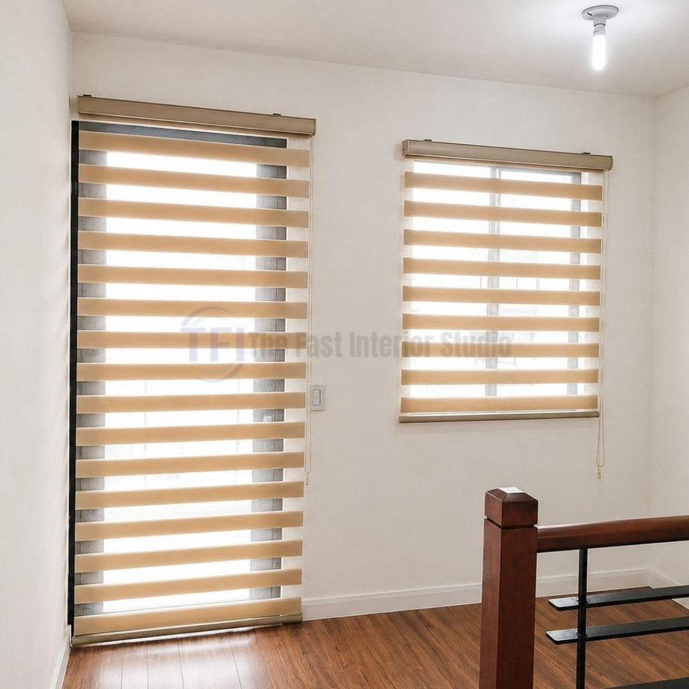 Trending beige Zebra blinds installed on a tall glass door and adjacent window in a modern home with wooden floors