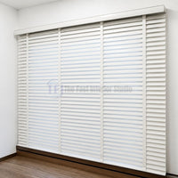 Trending wide white Venetian blinds covering a large window in a modern room