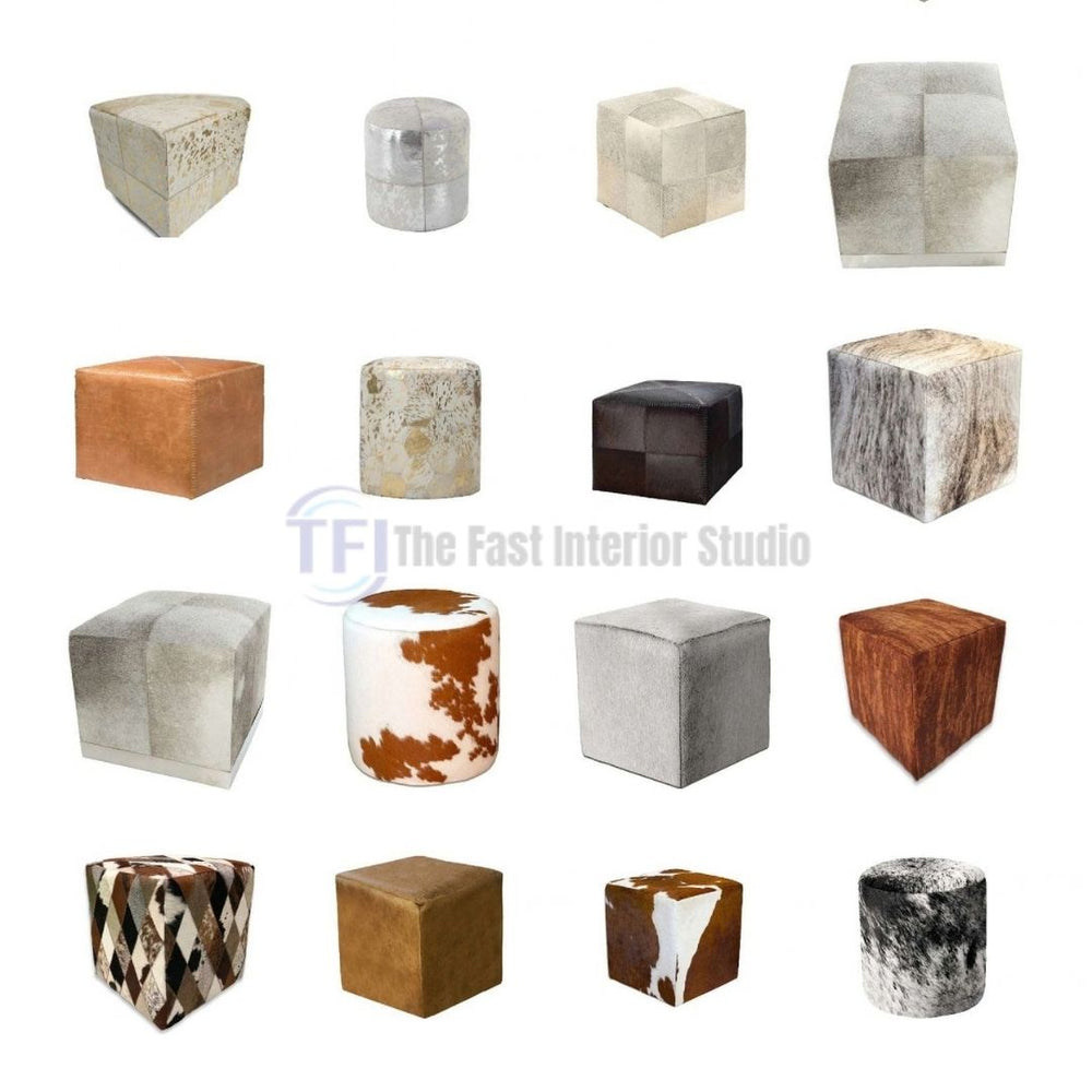 Variety of custom genuine cowhide poufs and ottomans available in cube and cylinder shapes