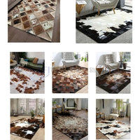 Various geometric patchwork cowhide rugs featuring checkerboard and hexagon patterns installed in contemporary living spaces